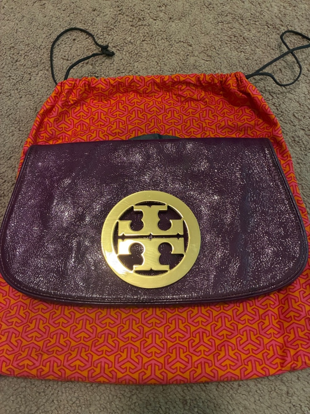 Tory Burch Plum Leather Clutch with Gold Emblem